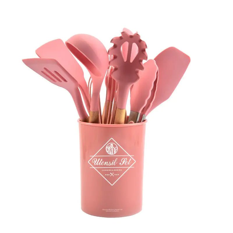 9-Piece Silicone Kitchen Utensil Set with Wood Handle