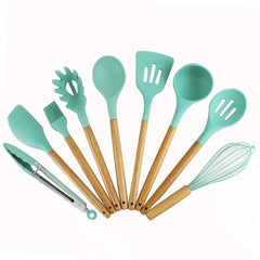 9-Piece Silicone Kitchen Utensil Set with Wood Handle