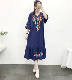 Comfortable Cotton-Linen Vintage Print Maxi Dress