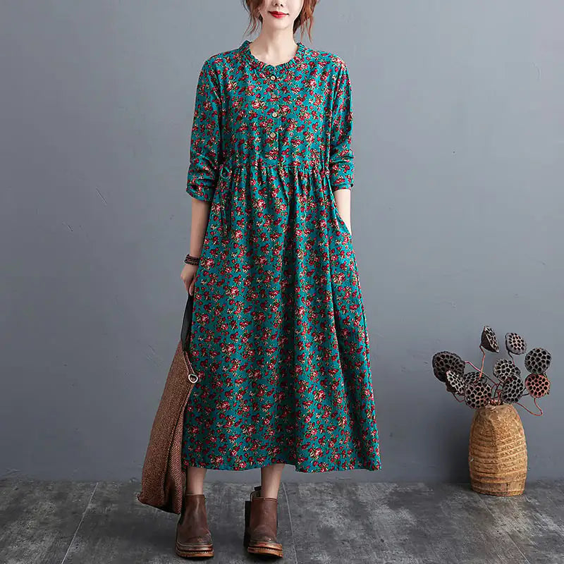 Vintage Floral Cotton Linen Dress - Large Size