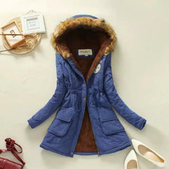 Winter Women's Long Cotton Coat with Fur Collar