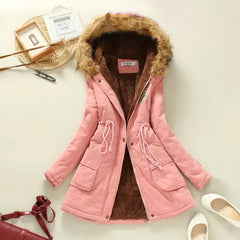 Winter Women's Long Cotton Coat with Fur Collar