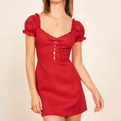 Vintage Red Dress with Ruffled Puff Sleeves