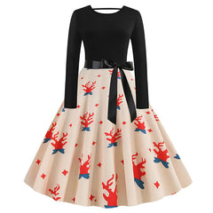 New Vintage Christmas Print Long Sleeve Dress for Women