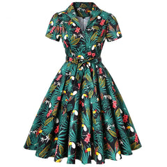 Vintage Puff Sleeve Dress with Bird Print and Belt