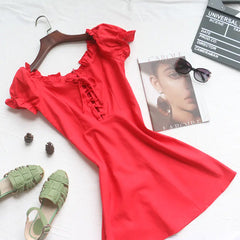 Vintage Red Dress with Ruffled Puff Sleeves