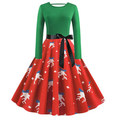 New Vintage Christmas Print Long Sleeve Dress for Women