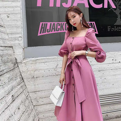 Pink Square Neck Vintage Dress