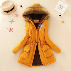 Winter Women's Long Cotton Coat with Fur Collar