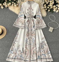 2019 Fall Vintage Print Long Sleeve Dress with Waist Tie