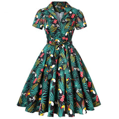 Vintage Puff Sleeve Dress with Bird Print and Belt