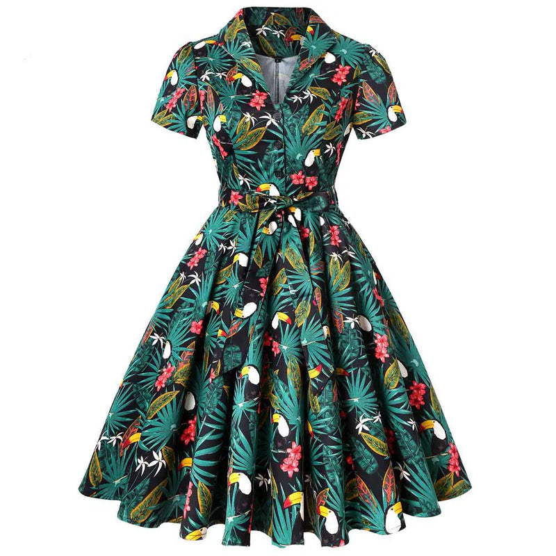 Vintage Puff Sleeve Dress with Bird Print and Belt
