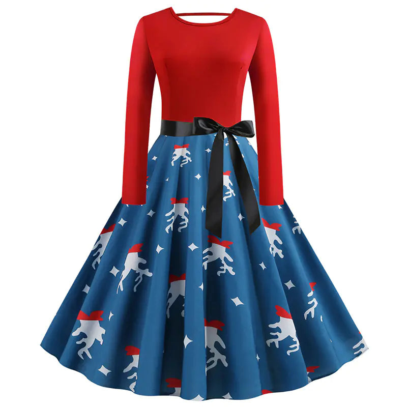 New Vintage Christmas Print Long Sleeve Dress for Women
