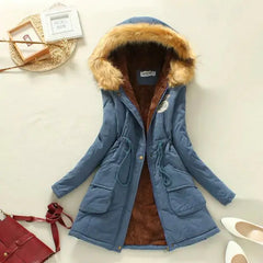 Winter Women's Long Cotton Coat with Fur Collar