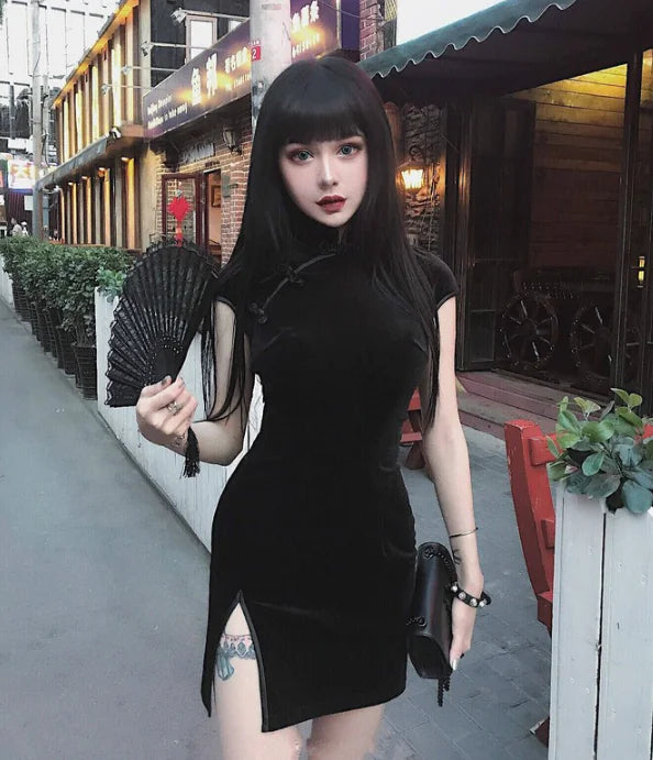 Vintage Velvet Split Hem Dress for Dark Aesthetic