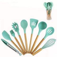9-Piece Silicone Kitchen Utensil Set with Wood Handle
