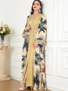 Morocco Muslim Abaya Dress 2 Piece Set with Embroidery