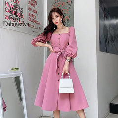 Pink Square Neck Vintage Dress