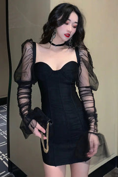 Vintage Style Low-Cut Mesh Long Sleeve Dress for Women