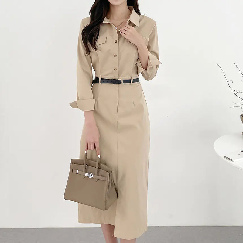 Korean Chic Vintage Shirt Dress with Belt and Collar