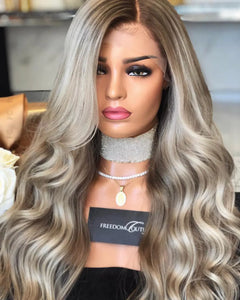 Brown and Blonde Highlighted Long Wavy Wig (Middle Part)