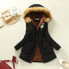 Winter Women's Long Cotton Coat with Fur Collar