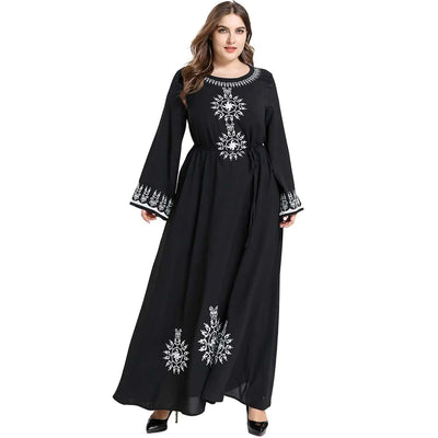 Embroidered Long Sleeve Belted Muslim Casual Skirt