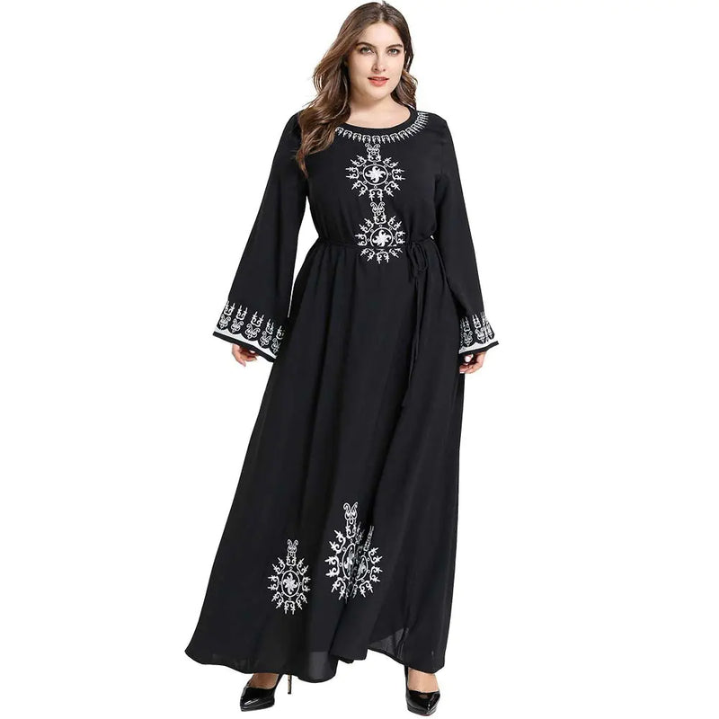 Embroidered Long Sleeve Belted Muslim Casual Skirt