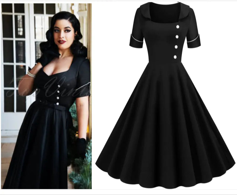 Vintage Button Puff Dress for Autumn and Winter