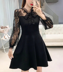 French Vintage Style Black Dress with Bow and Lace Detail