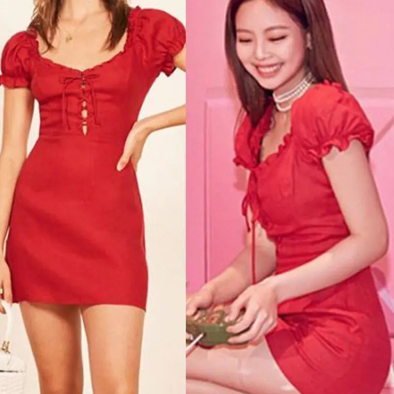 Vintage Red Dress with Ruffled Puff Sleeves