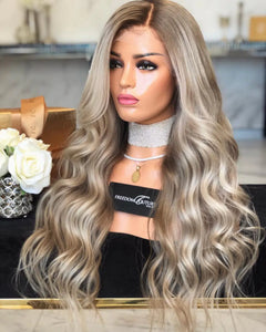 Brown and Blonde Highlighted Long Wavy Wig (Middle Part)