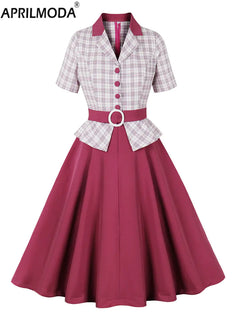 Vintage 50s Hepburn Style Women's Plaid Party Dress