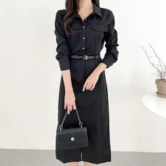 Korean Chic Vintage Shirt Dress with Belt and Collar