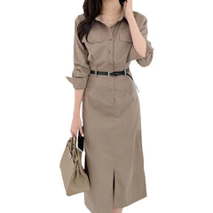 Korean Chic Vintage Shirt Dress with Belt and Collar