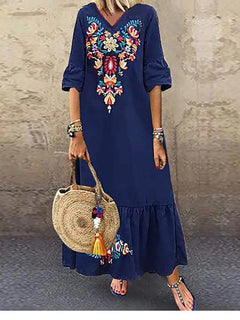 Comfortable Cotton-Linen Vintage Print Maxi Dress