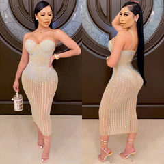 Women's See-through Rhinestone Strap Yarn Dress
