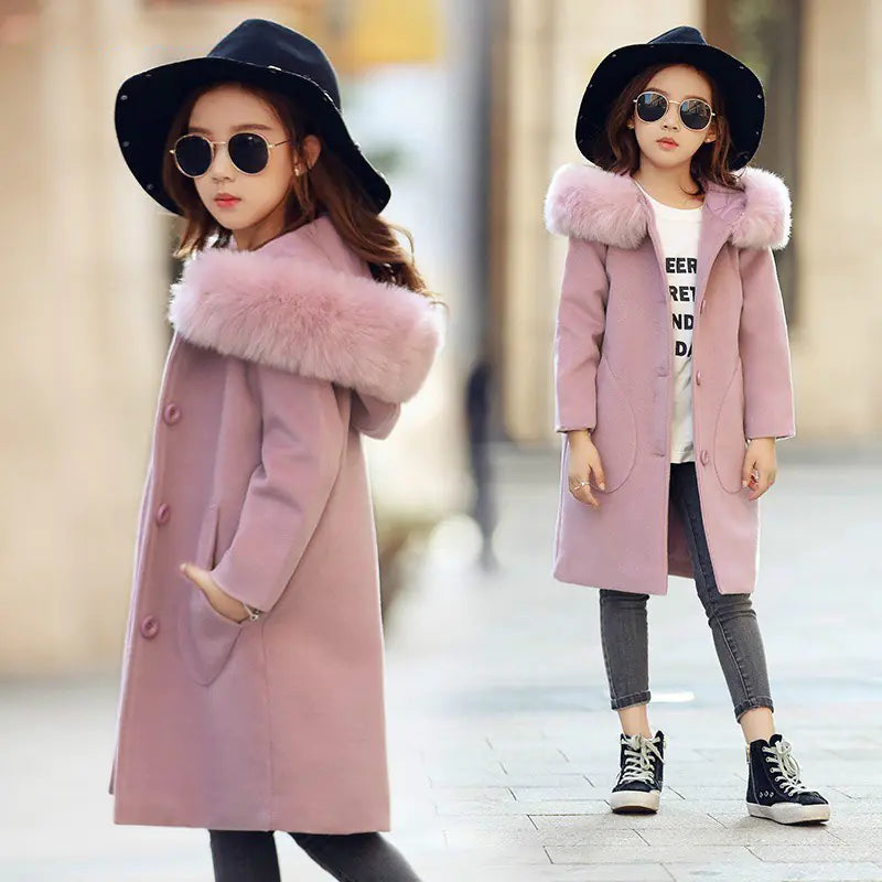 Princess Long Winter Coat with Fur Collar for Girls