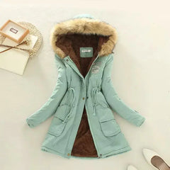 Winter Women's Long Cotton Coat with Fur Collar