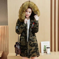Camouflage Women's Winter Cotton Jacket with Fur Collar