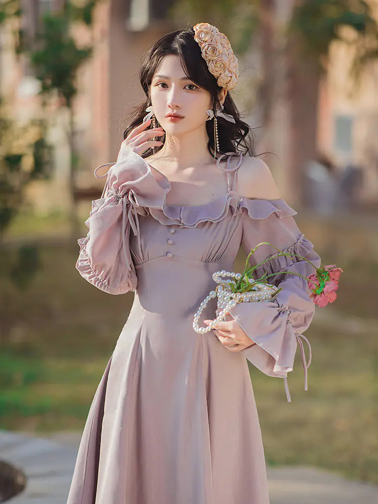 Vintage Lilac French Sling Neck Dress