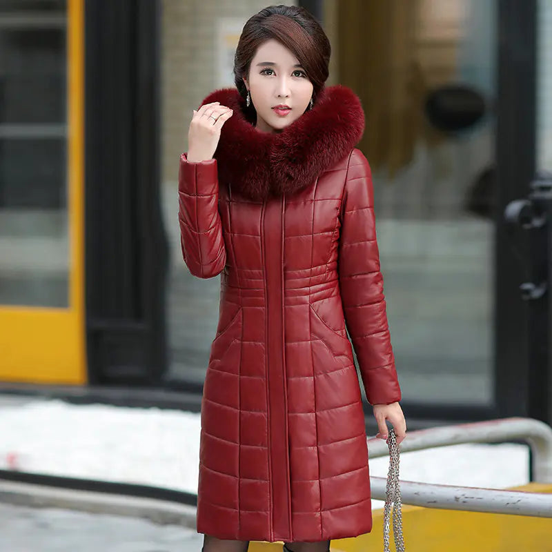 PU Leather Cotton Winter Coat for Middle-aged Women