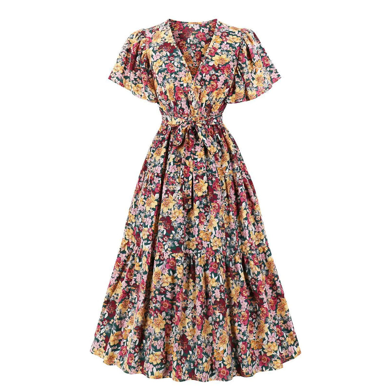 Vintage Floral V-Neck Long Dress for Autumn/Winter