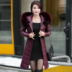 PU Leather Cotton Winter Coat for Middle-aged Women