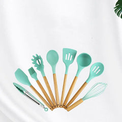9-Piece Silicone Kitchen Utensil Set with Wood Handle