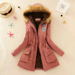 Winter Women's Long Cotton Coat with Fur Collar