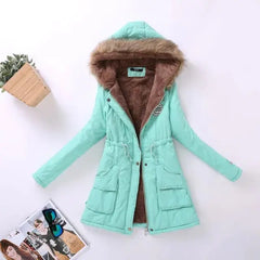Winter Women's Long Cotton Coat with Fur Collar