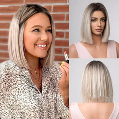 Short Straight Grey Hair Wig with Middle Part