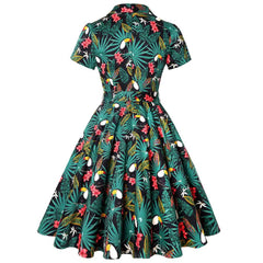 Vintage Puff Sleeve Dress with Bird Print and Belt