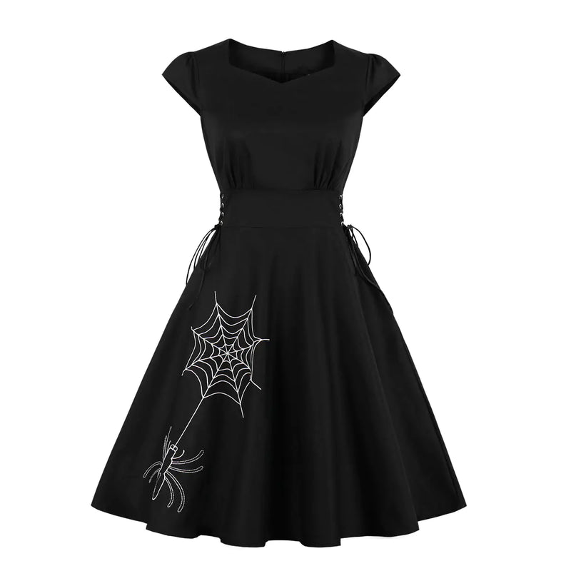 Plus Size Vintage Hepburn Style Black Dress with Embroidery